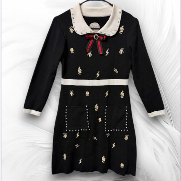 Black Knit Dress with Embroidery & Pearl Collar – Preppy Style Size: S - Picture 1 of 13